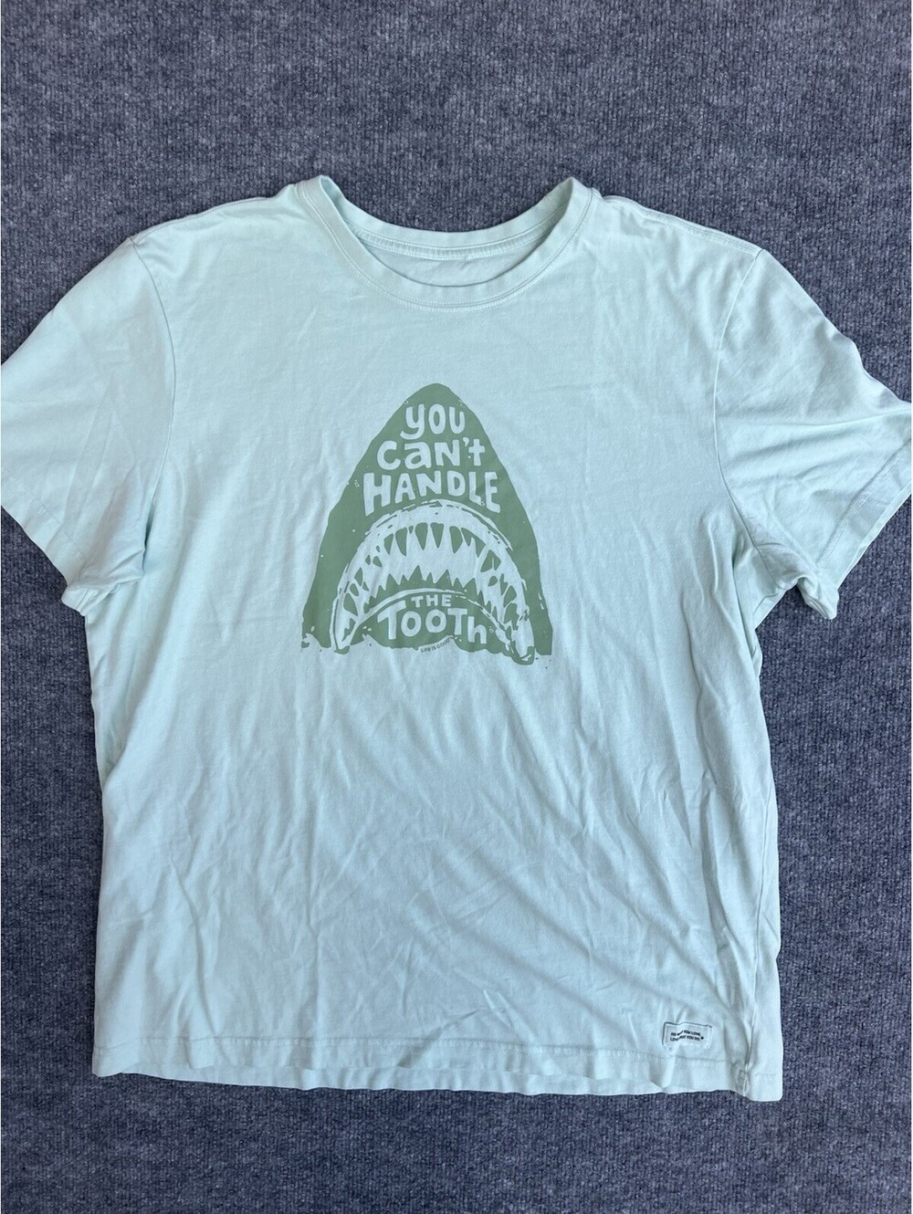 Life is Good "Can't Handle The Tooth" shark graphic t-shirt Xl Light Blie Green